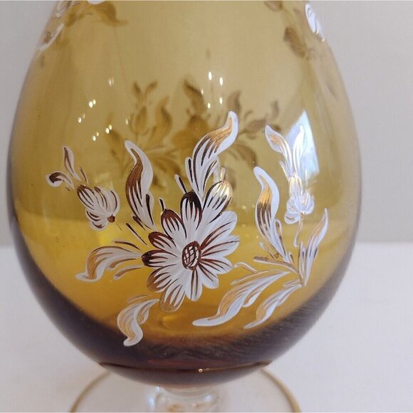 Vtg Italy Hand Blown Glass Wine Decanter Amber Gold White Floral Hand Painted - Picture 9 of 15